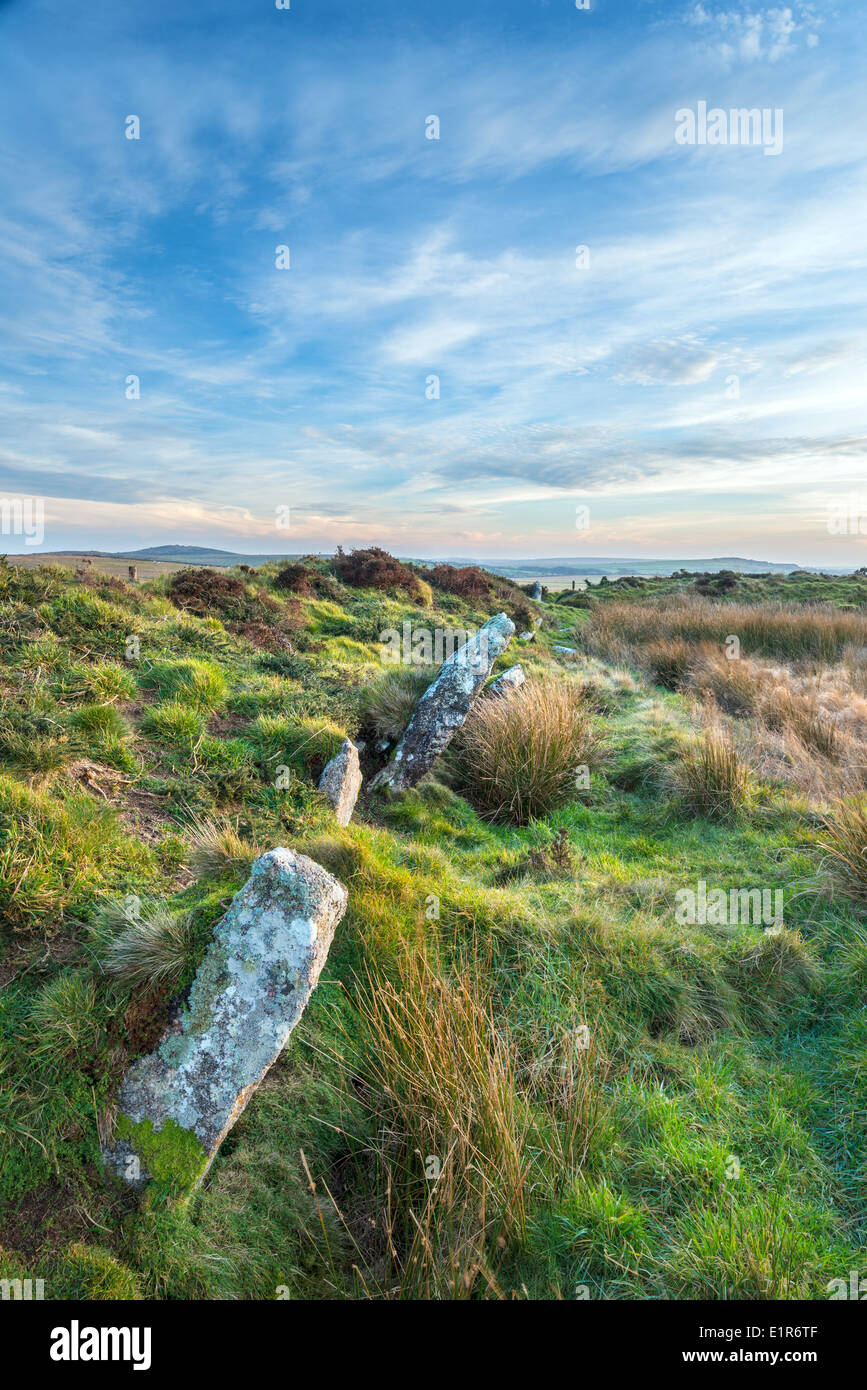 Standing stones at King Arthur's Hall a megalithic monument on Bodmin Moor in Cornwall Stock Photo