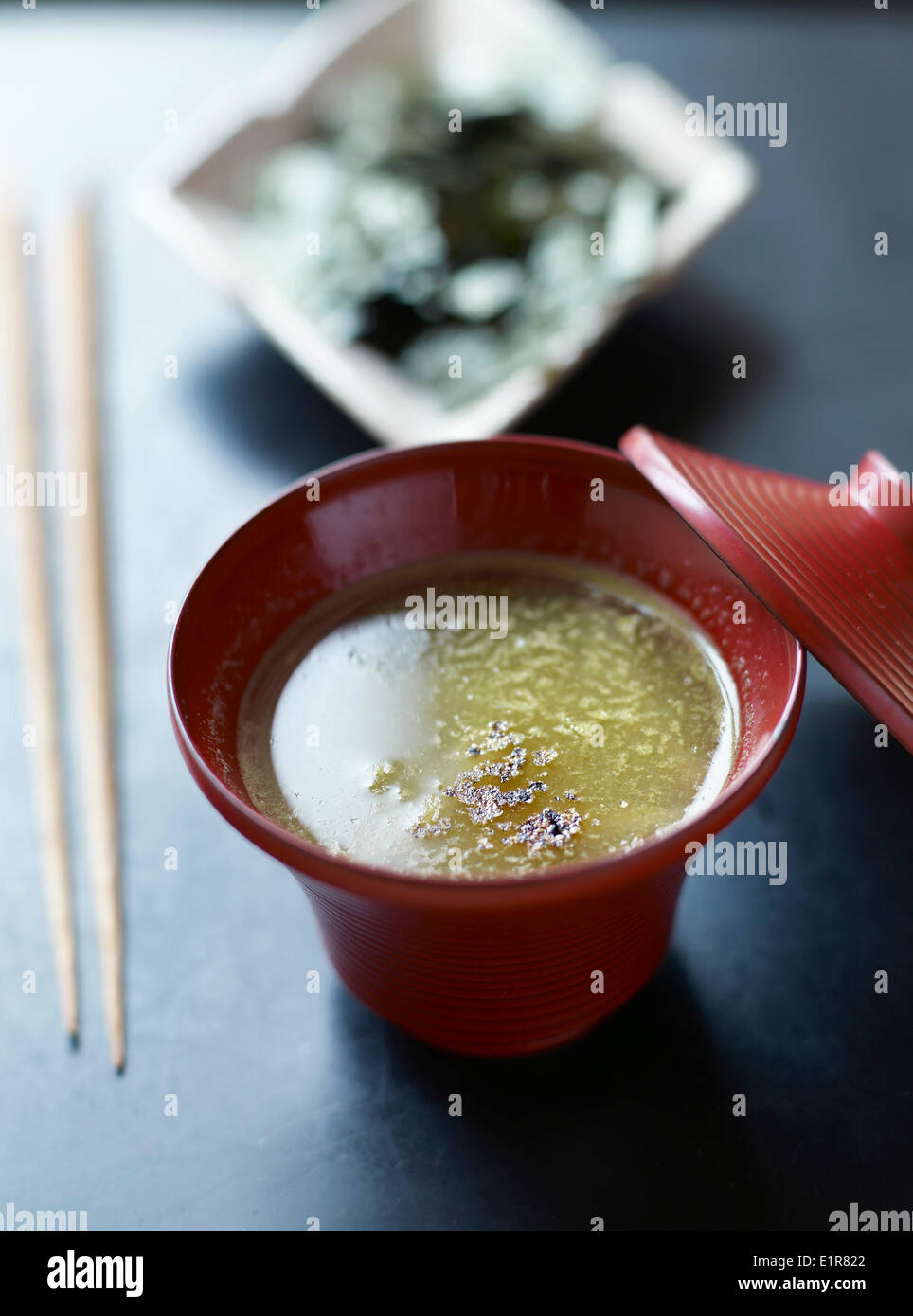 Curly cabbage soup with tofu and wakame seaweed Stock Photo