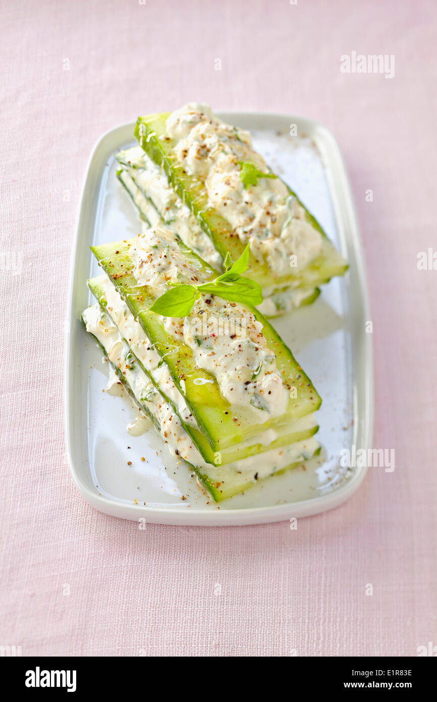 Cucumber,Brousse cheese and honey mille-feuilles Stock Photo