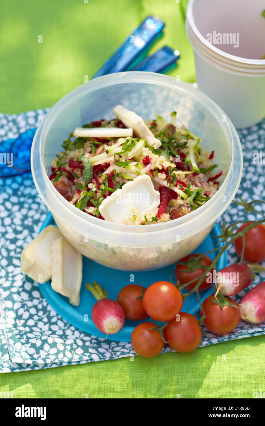 Zucchini,beetroot,goat's cheese,quinoa and date salad with raspbeerry jam dressing Stock Photo