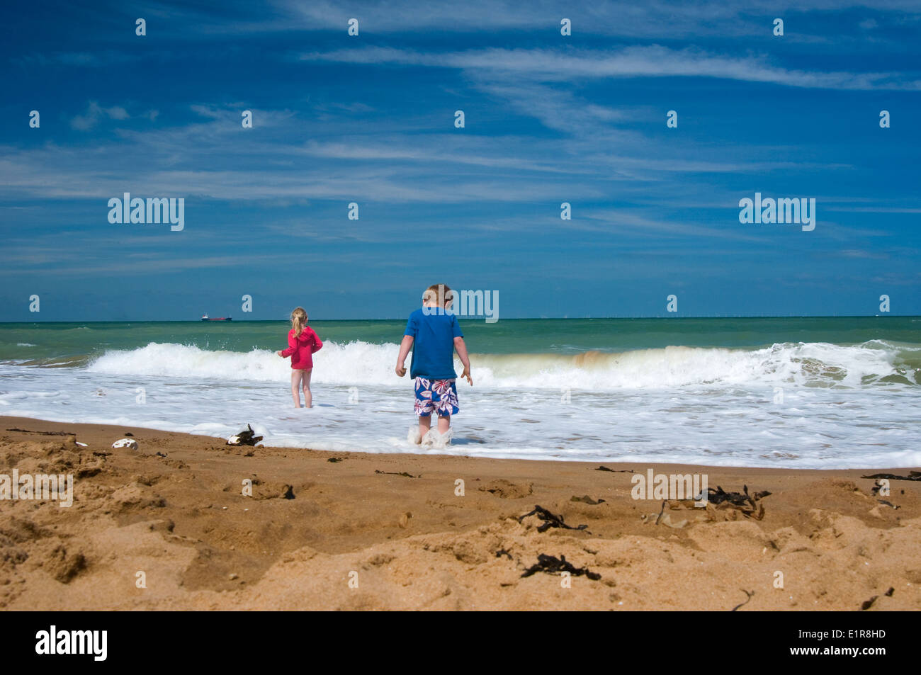 children playing on the beach on a beautiful sunny day. Stock Photo