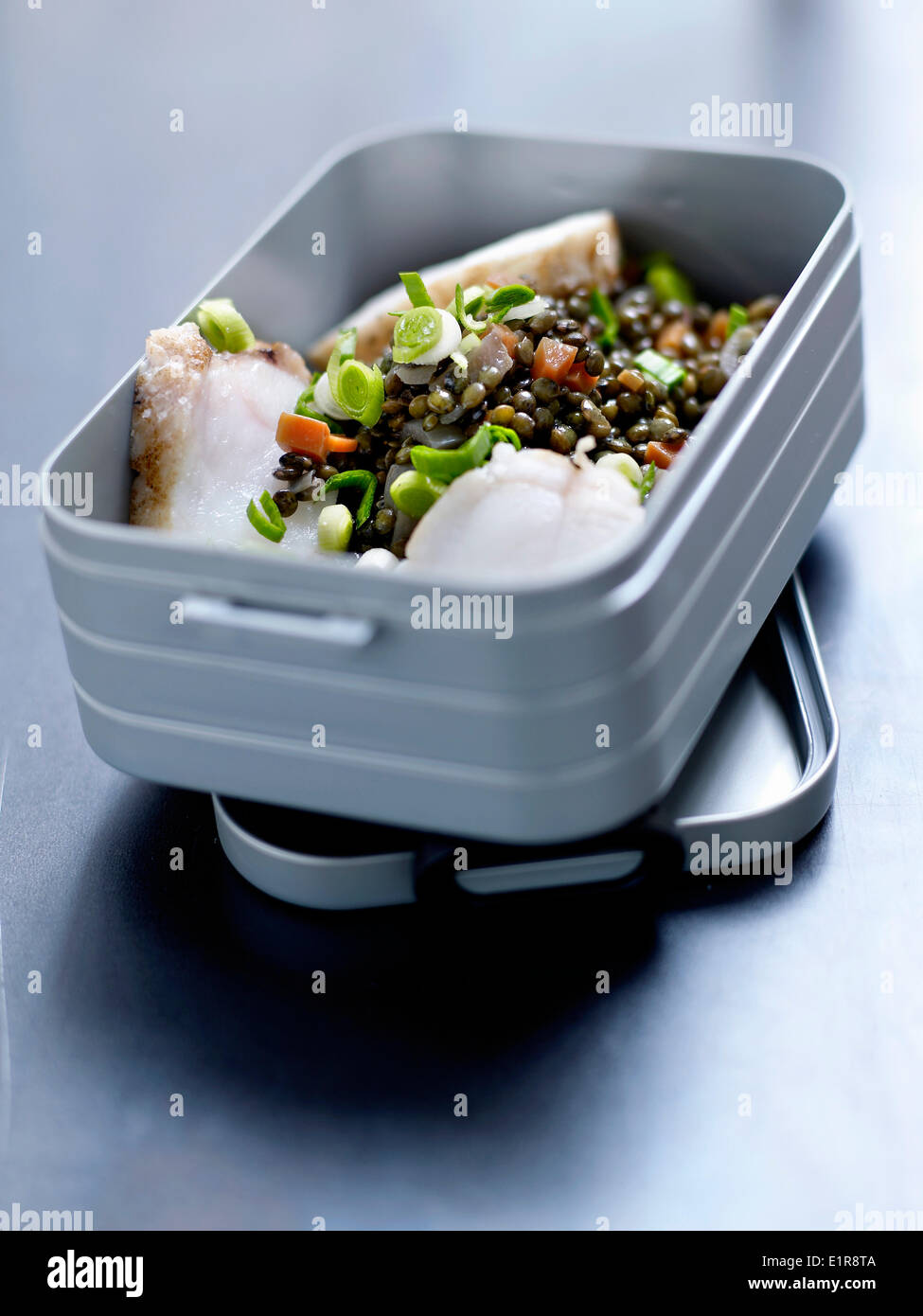 Cod and lentil Bento Stock Photo