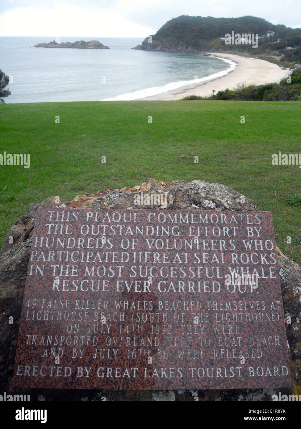 Plaque commemorating successful whale rescue, Seal Rocks, Myall Lakes National Park, NSW, Australia Stock Photo