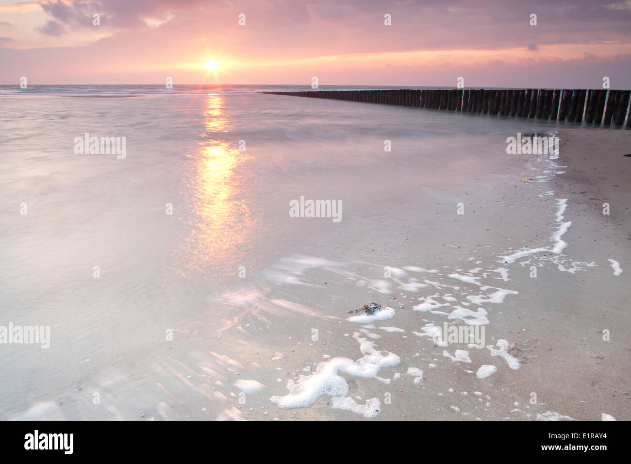 Sunset in the North Sea near Westenschouwen, the Netherlands. Stock Photo