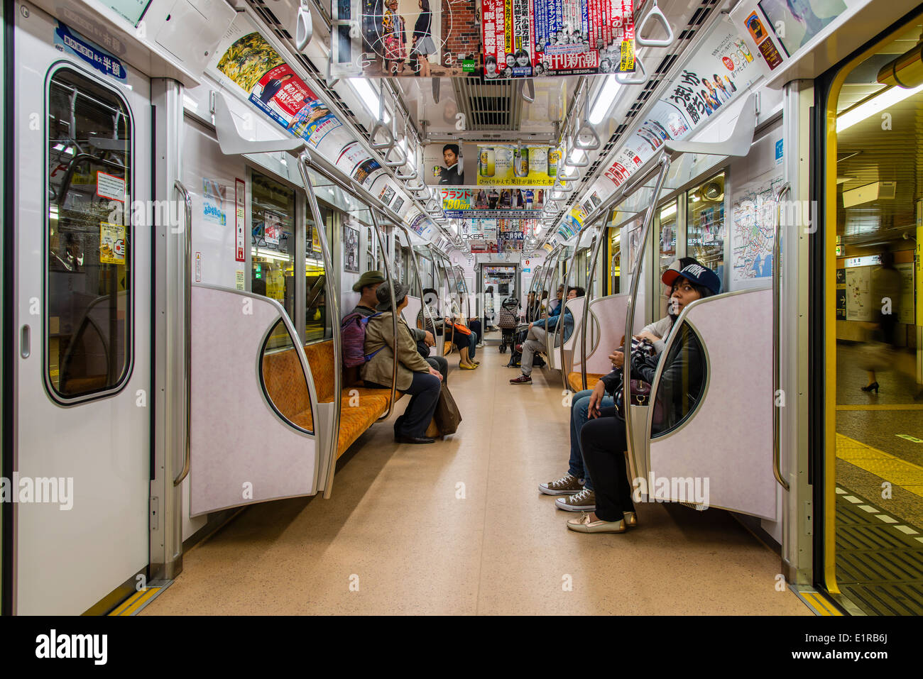 Interior of a subway train, Ginza line, Tokyo, Japan Stock Photo
