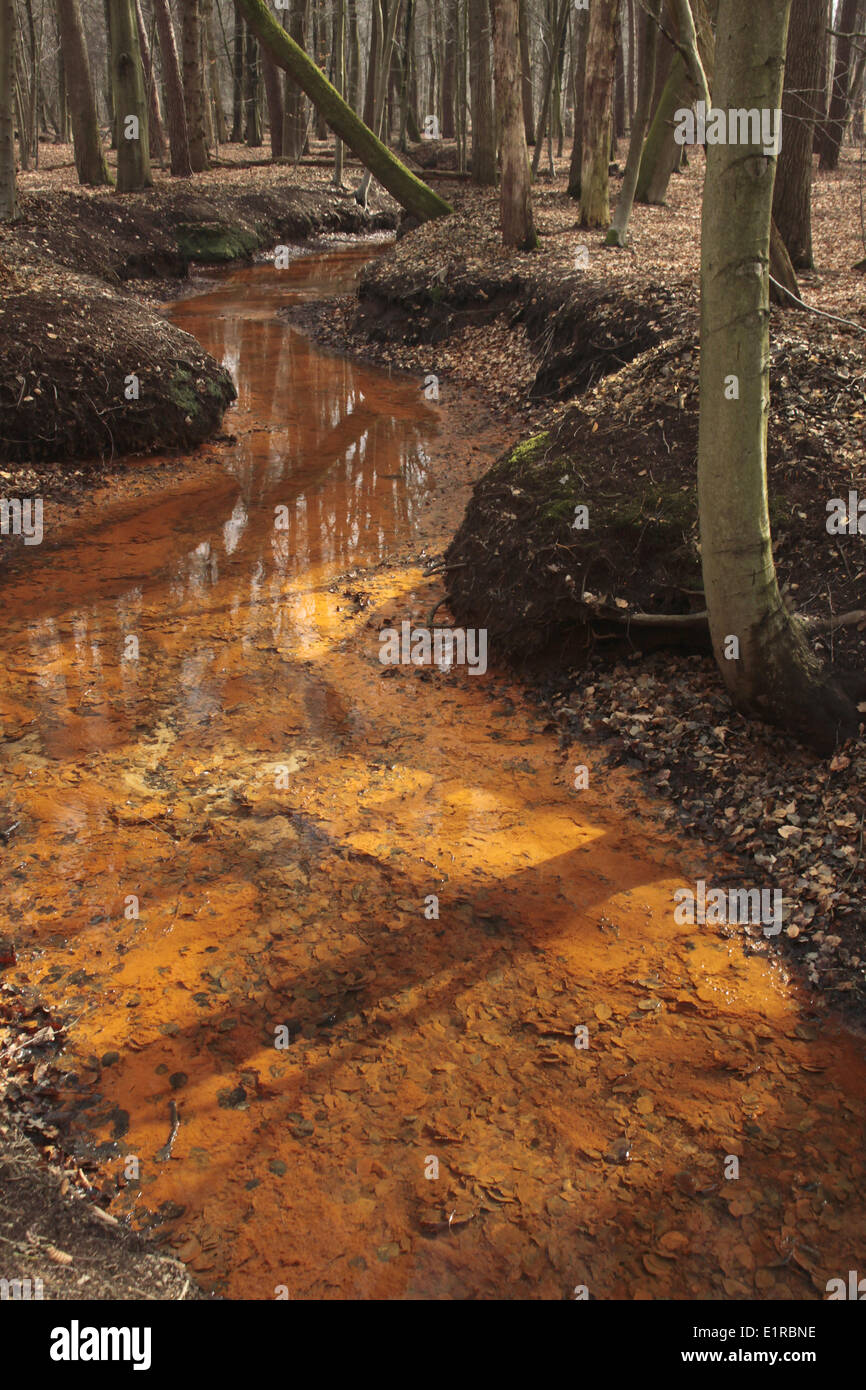 A brook with orange brown water, caused by ore in the ground Stock Photo