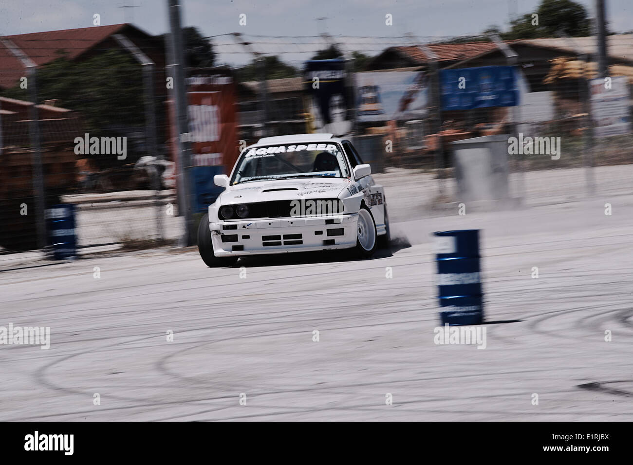 A BMW M3 E30 drifts during a tuning show in Thessaloniki, Greece 2014 Stock Photo