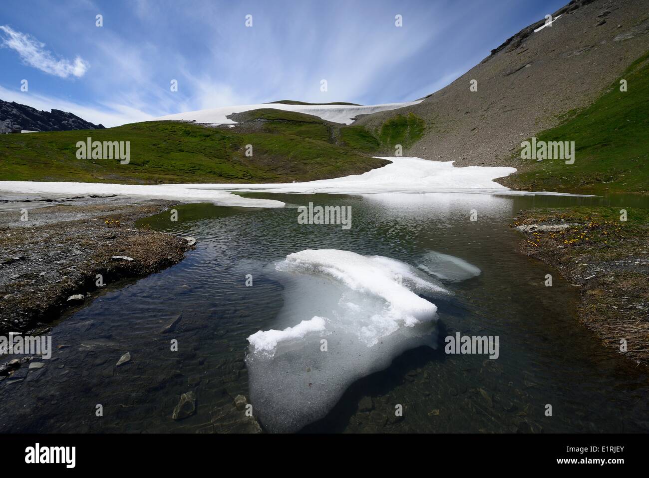 Mountain lake with melting ice floating in the water Stock Photo