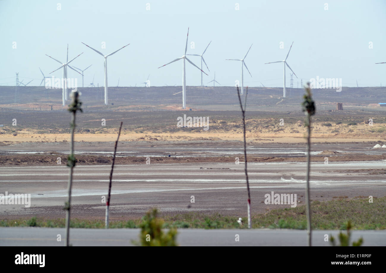 Row of wind turbines in Yanchi, Ningxia, China. 2014 Stock Photo