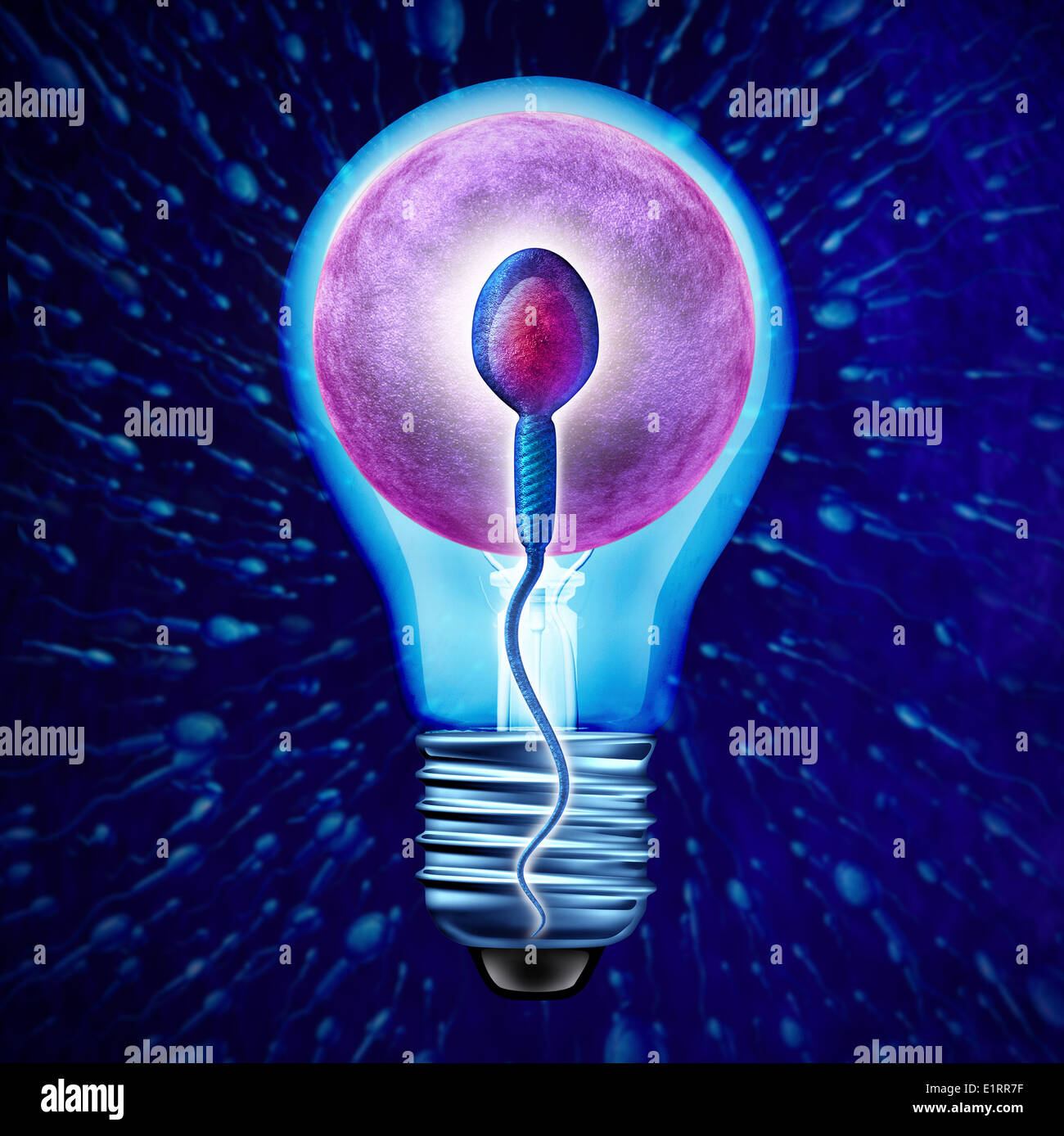 Fertility solutions and reproductive science research as a sperm cell on an illuminated lightbulb with a human egg as a symbol of innovation for having healthy babies. Stock Photo