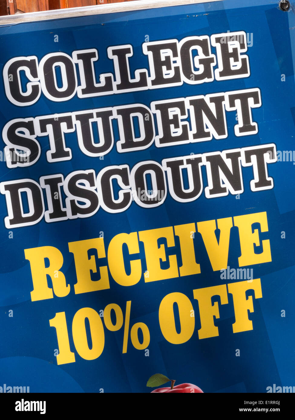 InStore College Student Discount Sign, Receive 10% Off, USA Stock Photo