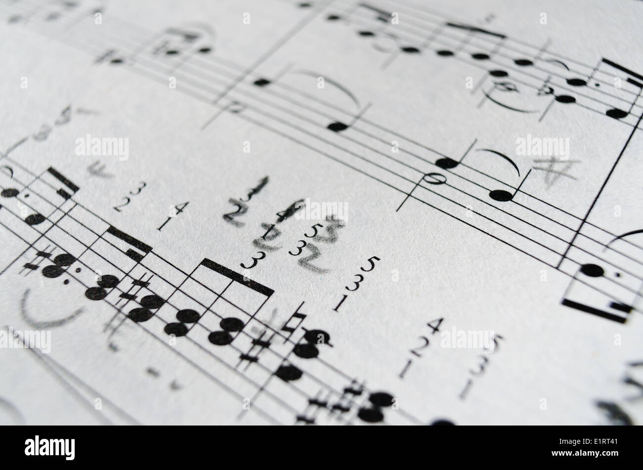 Music sheet notes score melody close up black white lines composition left right hands treble cleft printed on paper Stock Photo