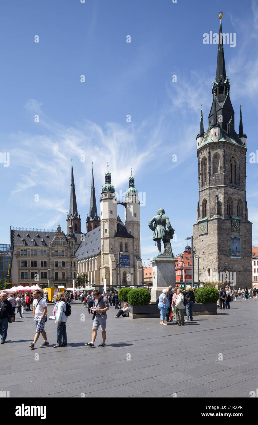 Marktplatz with Roter Turm and Marktkirche, Halle Saale, Saxony Anhalt, Germany Stock Photo