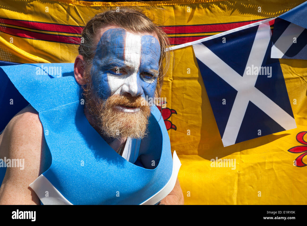 Man supporting independence with his face painted with blue and white, posing in front of the Scottish Saltire flag and Lion rampart flag Stock Photo
