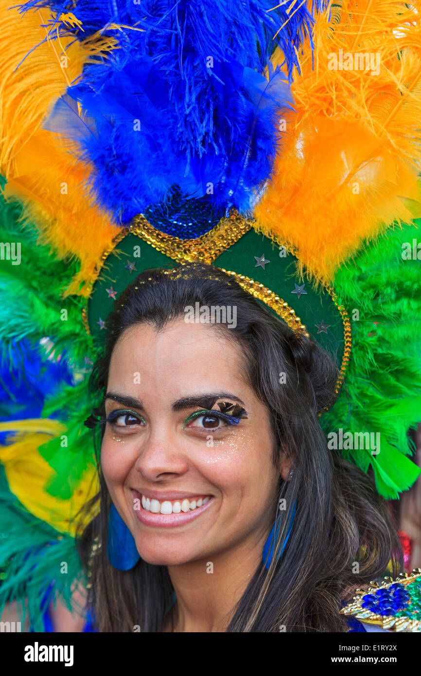 Young woman dressed in traditional Mardi Gras costume at the West End Festival Glasgow Scotland UK Stock Photo