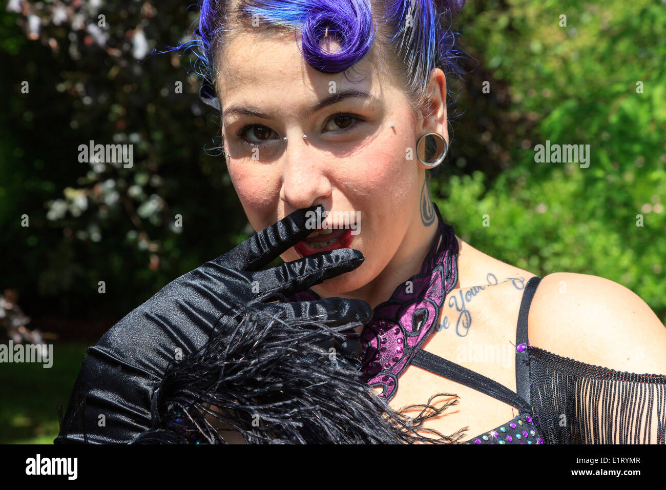 Young woman taking part in the West End Festival and Mardi Gras, dressed as a Goth, Glasgow, Scotland, UK Stock Photo