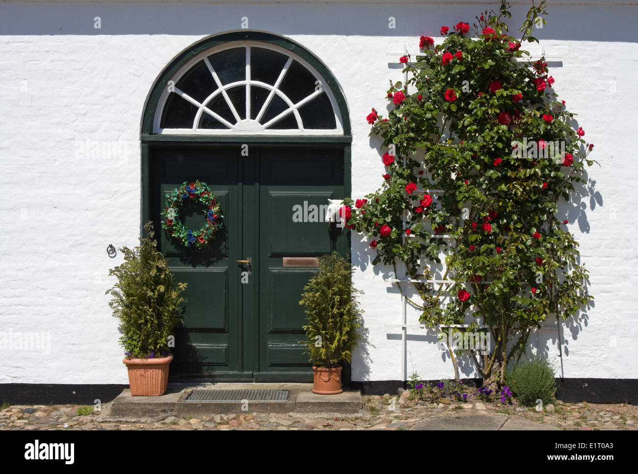 Europe, Germany, Schleswig Holstein, Gluecksburg, Gluecksburg Castle, Gatehouse, historical entrance door with climbing roses Stock Photo