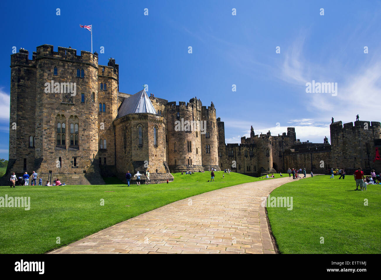 Alnwick Castle, taken from inside the outer bailey, where Harry Potter was filmed Stock Photo