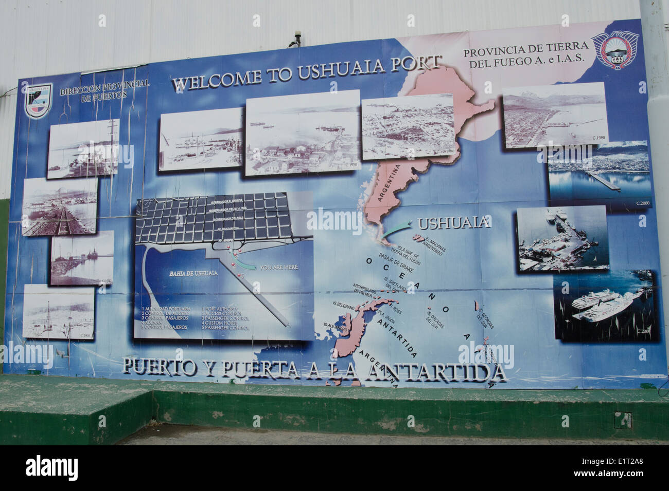 Sign at Ushuaia, capital of Tierra del Fuego, Antártida e Islas del Atlántico Sur Province, Argentina Stock Photo