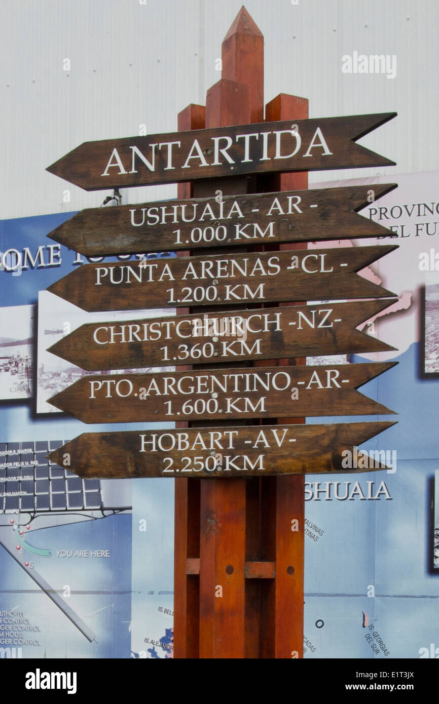 Sign at Ushuaia, capital of Tierra del Fuego, Antártida e Islas del Atlántico Sur Province, Argentina Stock Photo