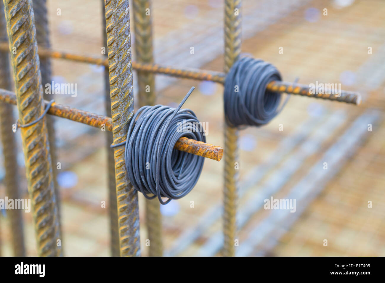 Steel wire used for tying reinforcement in concrete floors columns and beams, seen in Copenhagen Denmark Stock Photo