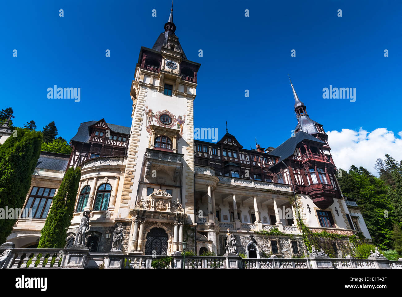 Sinaia in Carpathian Mountains, Romania. Peles Castle, built by King Carol I as summer residence, in Gothic style. Stock Photo