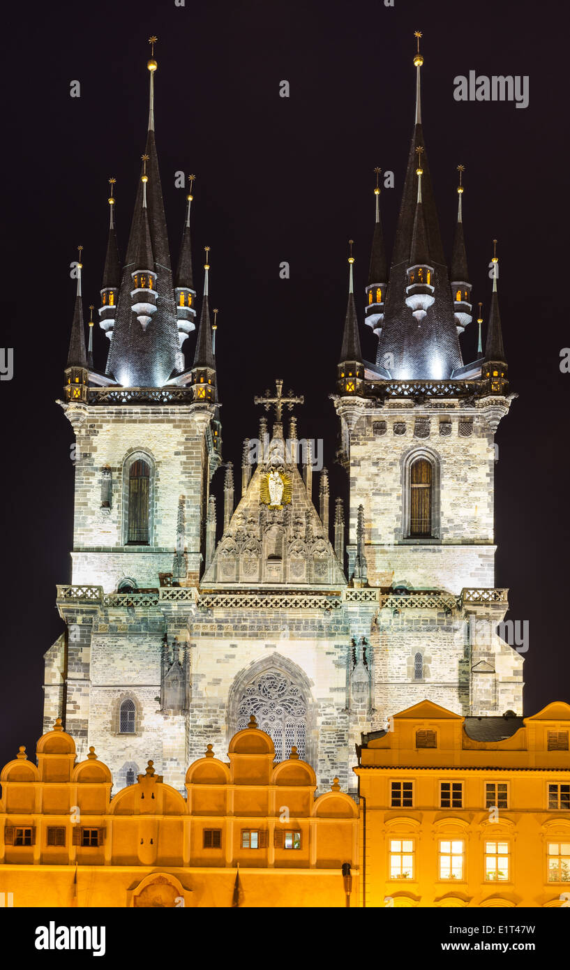 One of the Prague symbols, Church of Our Lady of Tyn, with gothic facade and 80 meters towers Stock Photo