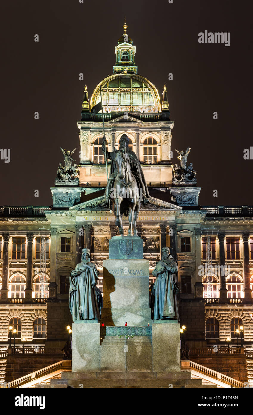 Huge equestrian statue of St Wenceslas in front of the National Museum, Neo-Renaissance architecture. Wenceslav Square, Prague. Stock Photo
