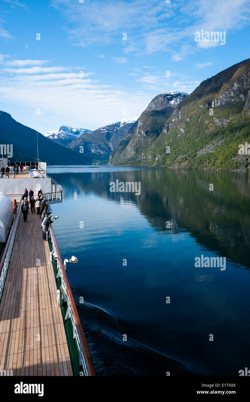 Aurlandsfjord in spring, off Sognefjord, Norway viewed from the deck of MV Arcadia, cruise ship Stock Photo