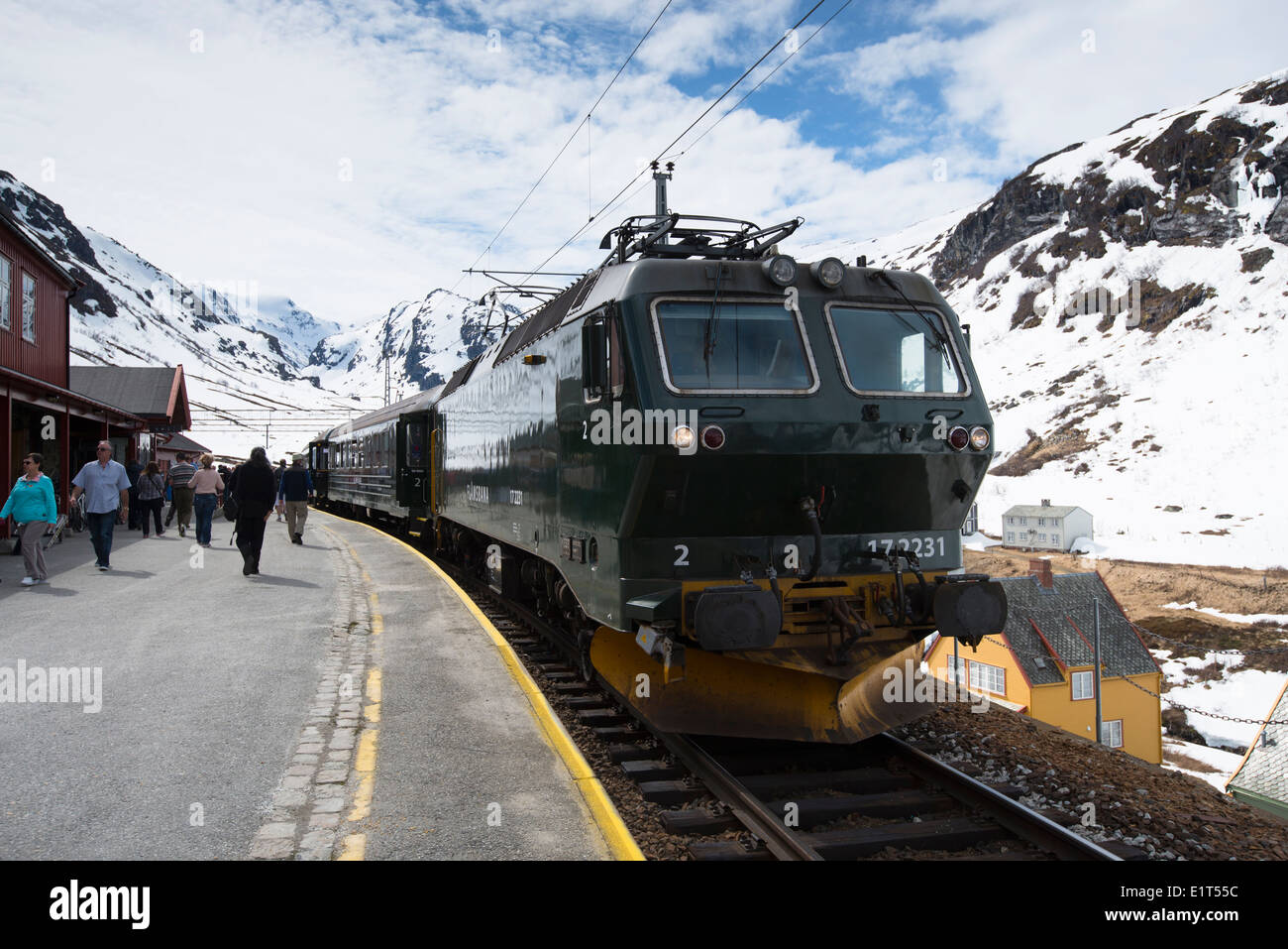 Flamsbana Railway train at Mydral station in Norway Stock Photo