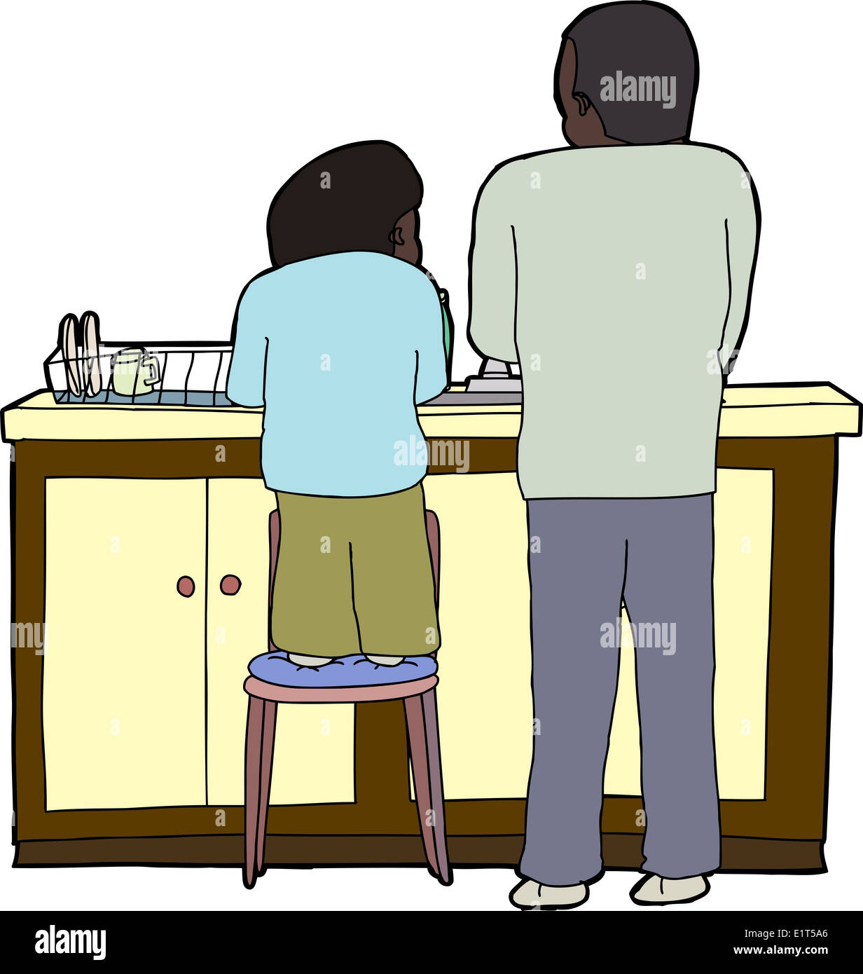 Child on chair helping father wash dishes Stock Photo