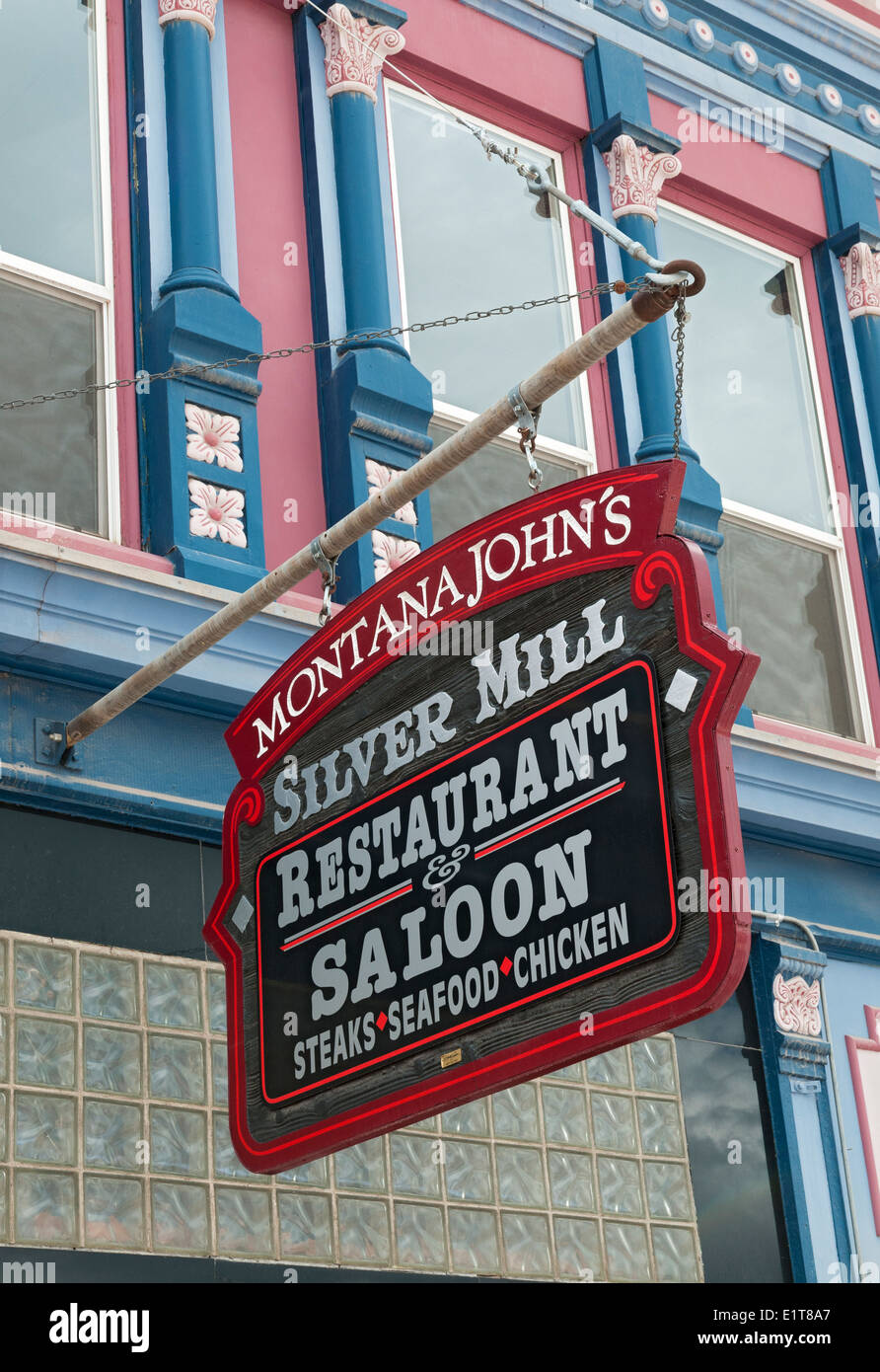Montana, Philipsburg, Downtown, Montana John's Silver Mill, restaurant & saloon sign Stock Photo