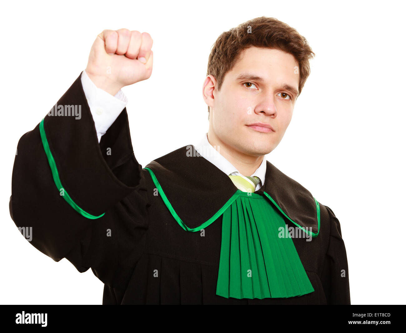 Law court and justice. Man lawyer attorney in polish (Poland) black green gown counting on fingers zero fist isolated on white. Stock Photo