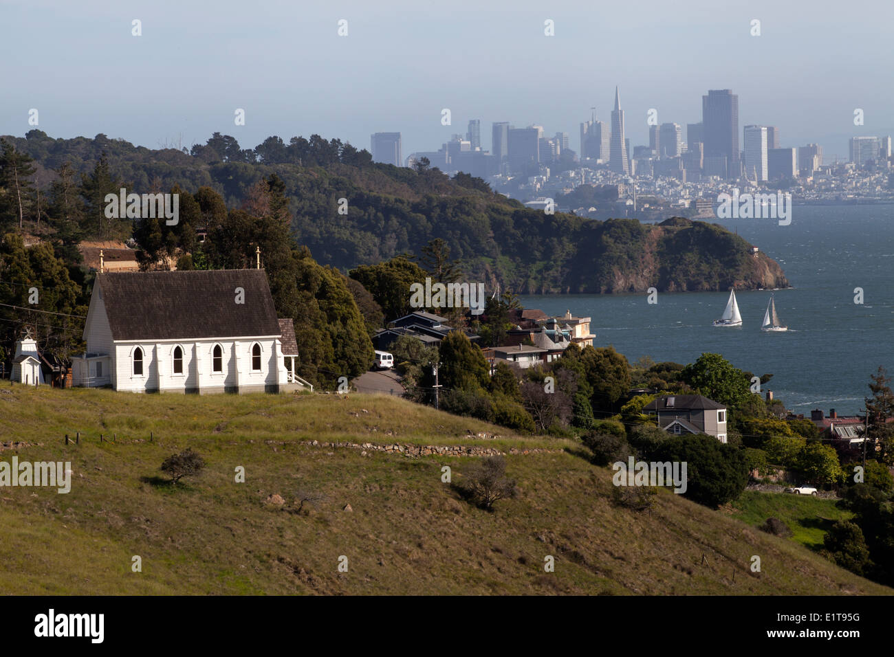 St. Hilary Church with San Francisco view in the background, Tiburon, California, USA. Stock Photo