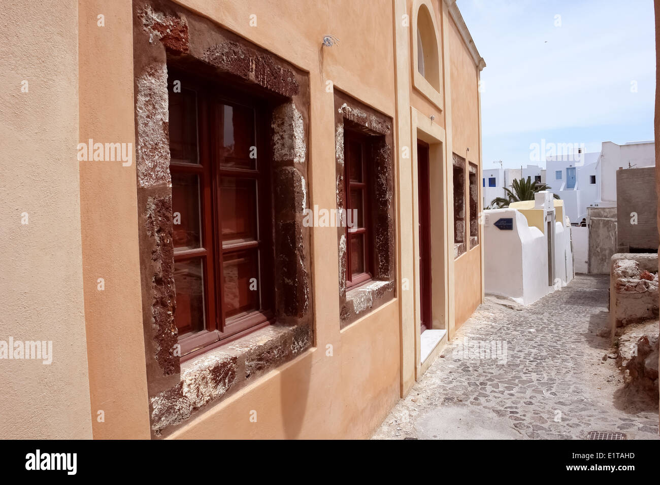 Street in Oia town on Island Santorini, Greece. Stock Photo