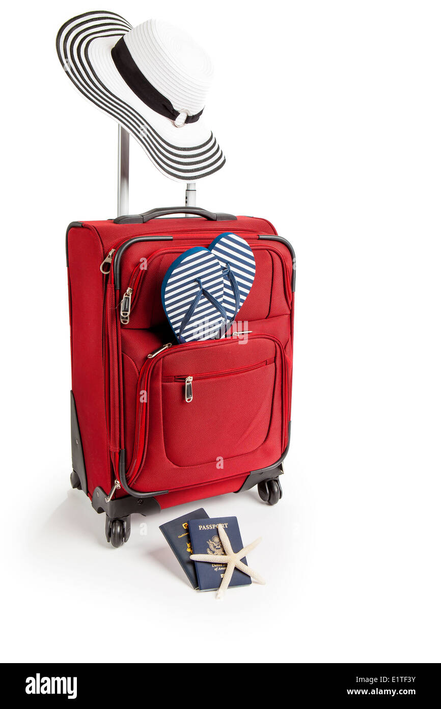 Picture of Red Suitcase Ready for Travel To Beach Vacation with Sandals Stock Photo