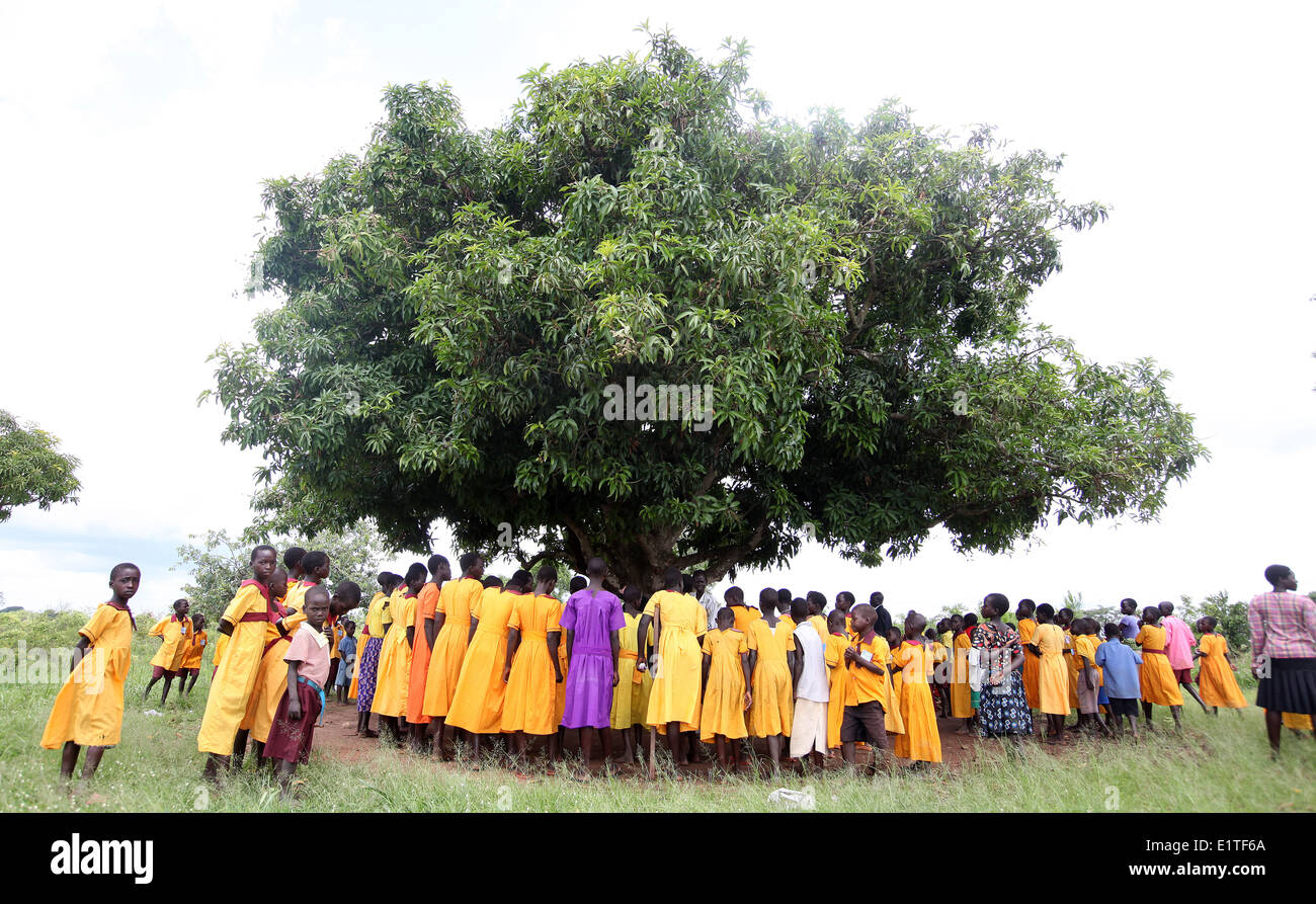 Children running and under a school tree in northern Uganda Stock Photo