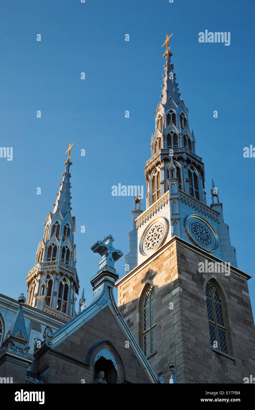 Twin steeples of Notre Dame Cathedral Basilica, Oldest surviving church in Ottawa, Ontario, Canada. Stock Photo