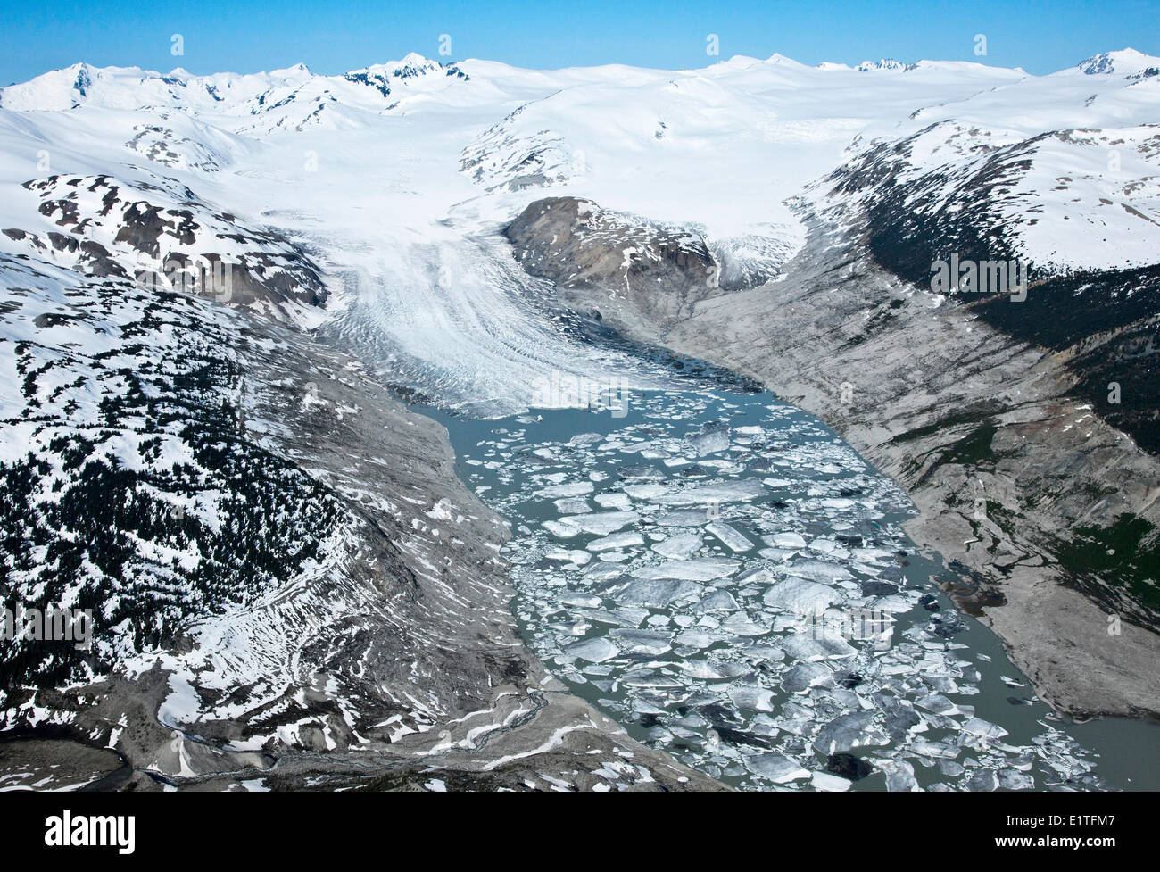 Aerial photography over the Bridge River Glacier in the South Cariboo Chilcotin region of British Columbia Canada Stock Photo