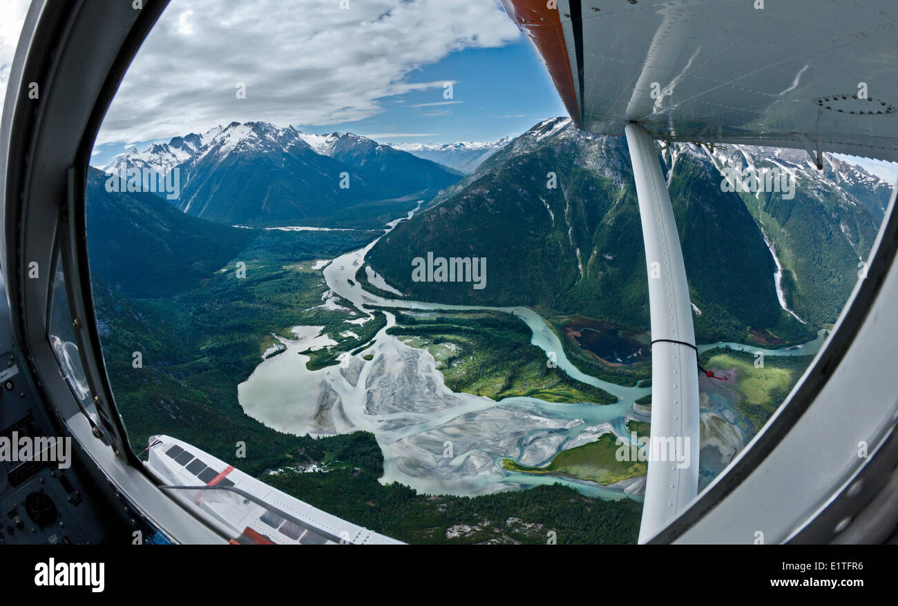 Flying over the Klinaklini River in the BC Coast Mountains Stock Photo
