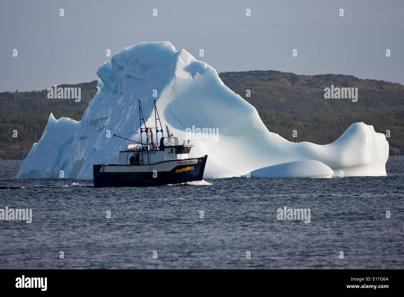 A fishing boat passes by a medium-sized iceberg near the shore the town St. Lunaire-Griquet on the island Newfoundland Stock Photo