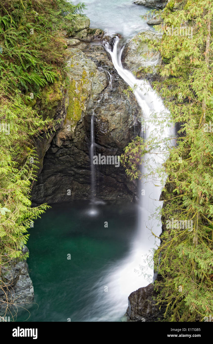 Waterfalls visible from the suspension bridge at Lynn Canyon Park in North Vancouver, British Columbia, Canada. Stock Photo