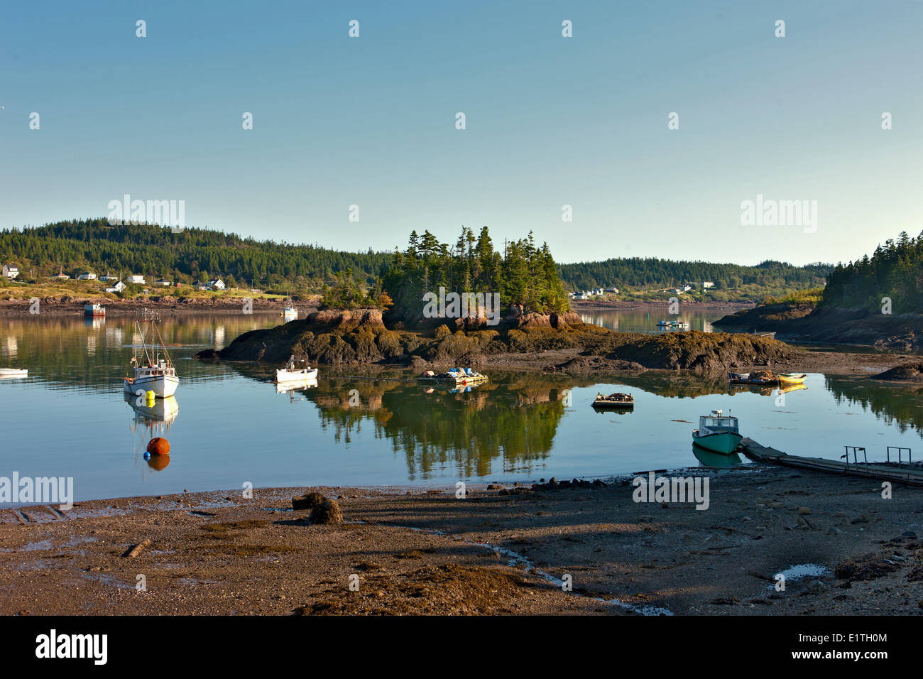 Fishing boat at low tide, Blacks Harbour, Bay of Fundy, New Brunswick, Canada Stock Photo
