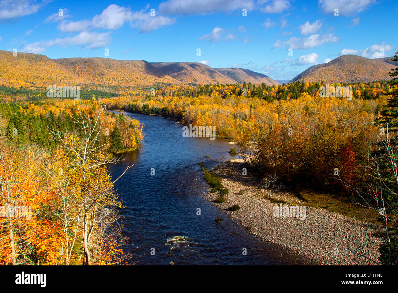 Margaree River in fall, Margaree Valley, Cape Breton, Nova Scotia Stock
