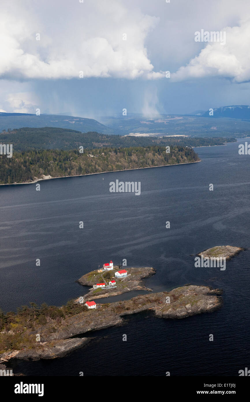 Merry Island Lighthouse, Aerial, Strait of Georgia, Sunshine Coast, B.C., Canada Stock Photo