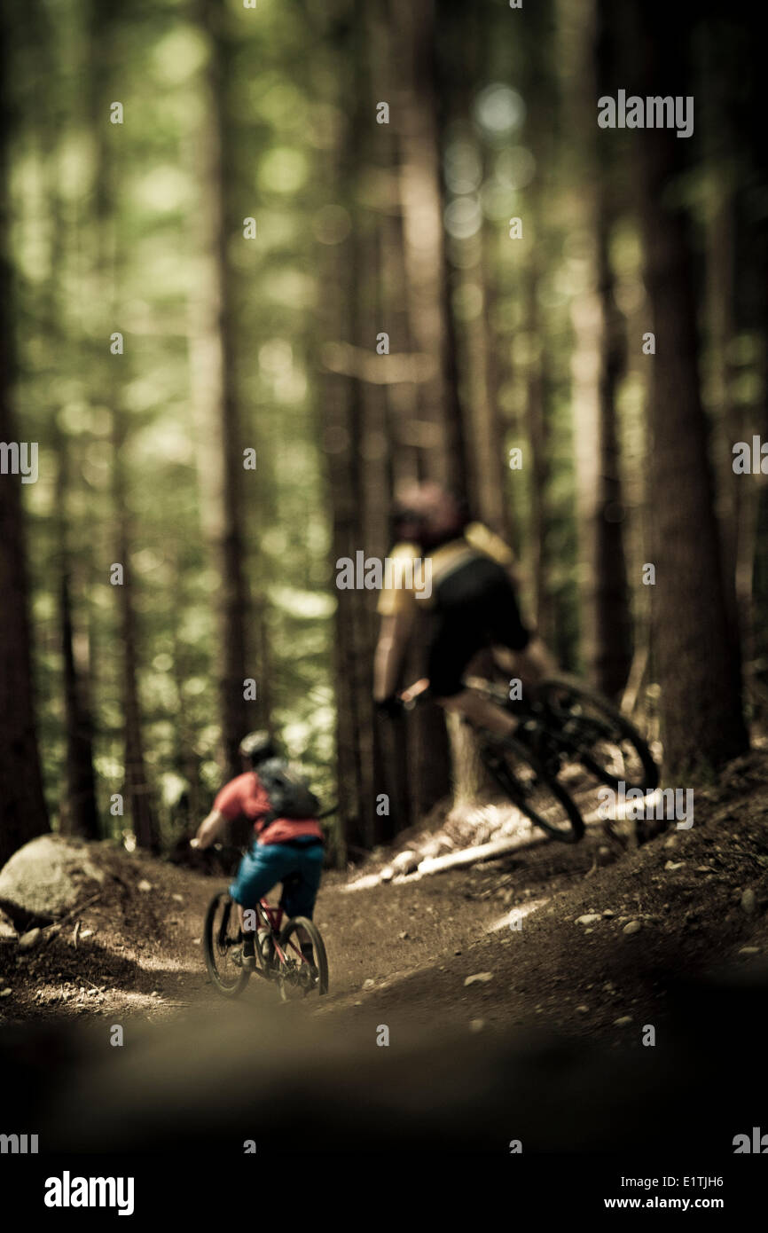 Two male mountain bikers riding a trail with jumps. Full Nelson Trail, Squamish, BC Stock Photo