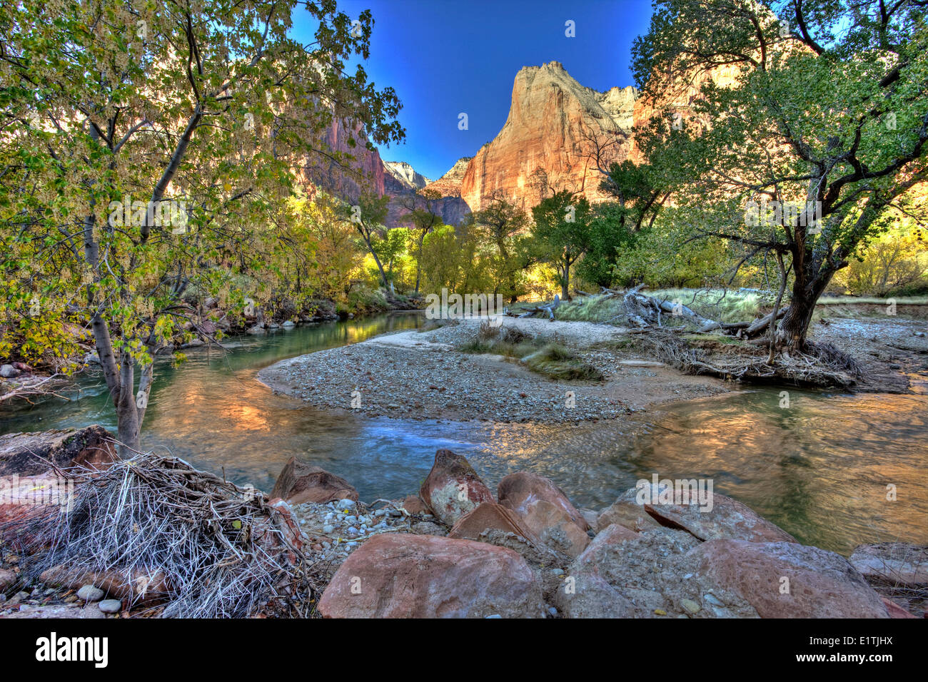 Court of the Patriarchs, North Fork Virgin River, Zion National Park, Utah, USA Stock Photo
