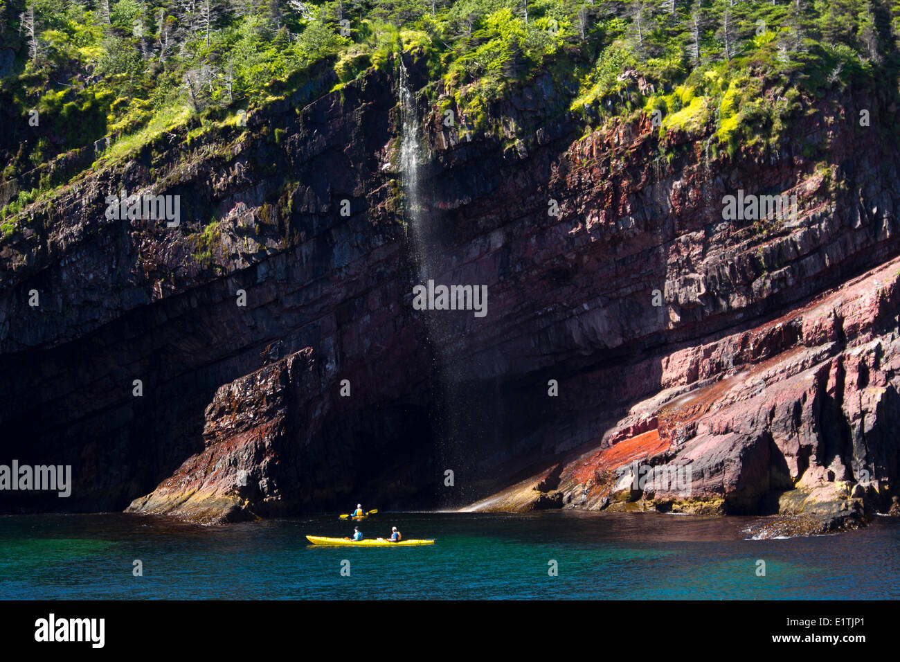 Sea Kayaking along coastal cliffs,  Witless Bay Ecological Reserve, Newfoundland, Canada Stock Photo