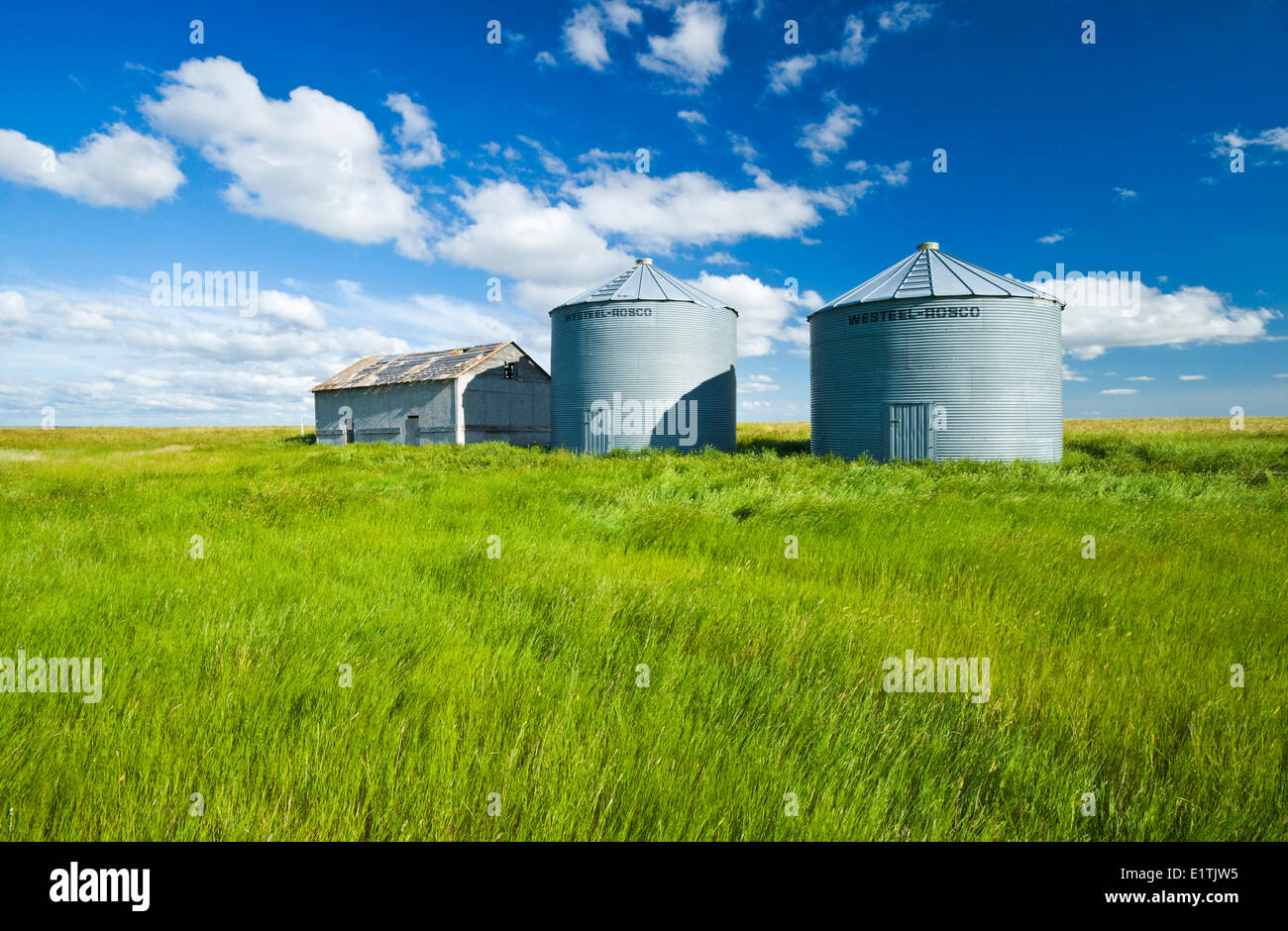 abandoned grain bins in  field near Val Marie, Saskatchewan, Canada Stock Photo