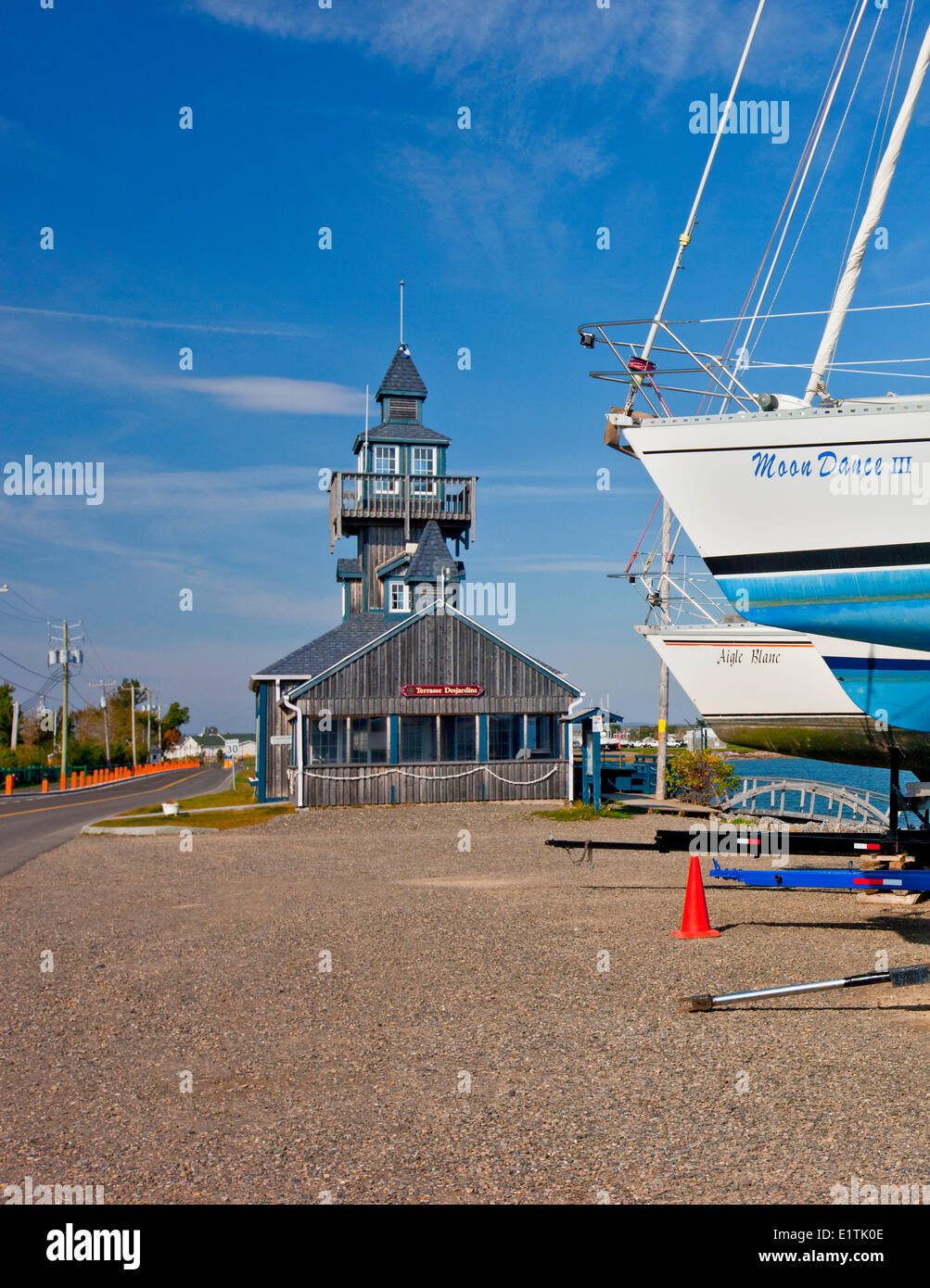 Sailboats and Restaurant, Bonaventure, Quebec, Canada Stock Photo
